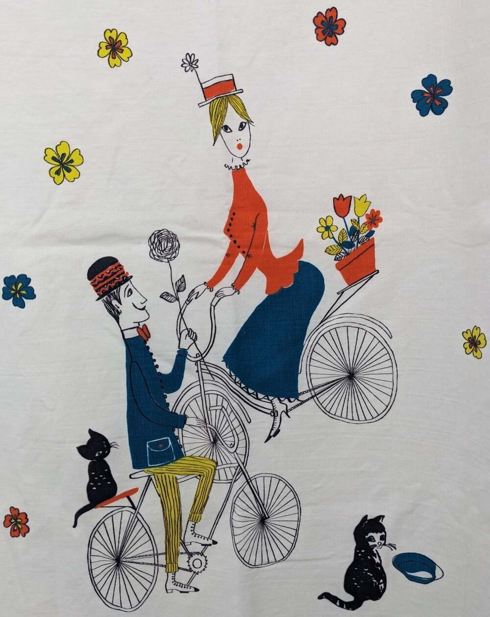 3 5/8 Yds Vintage 60's AMERITEX COTTON FABRIC Victorian Courting Couple Bicycles